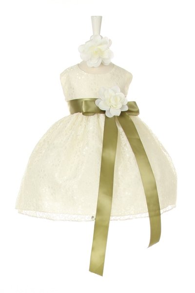 ivory lace dress with sage sash